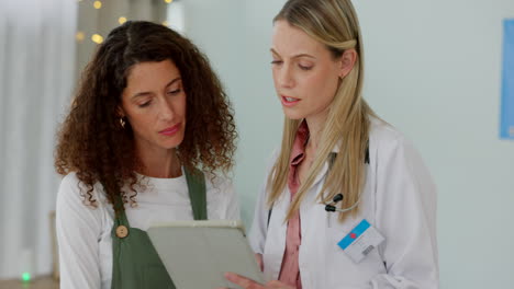 sad, tablet and doctor consulting woman patient