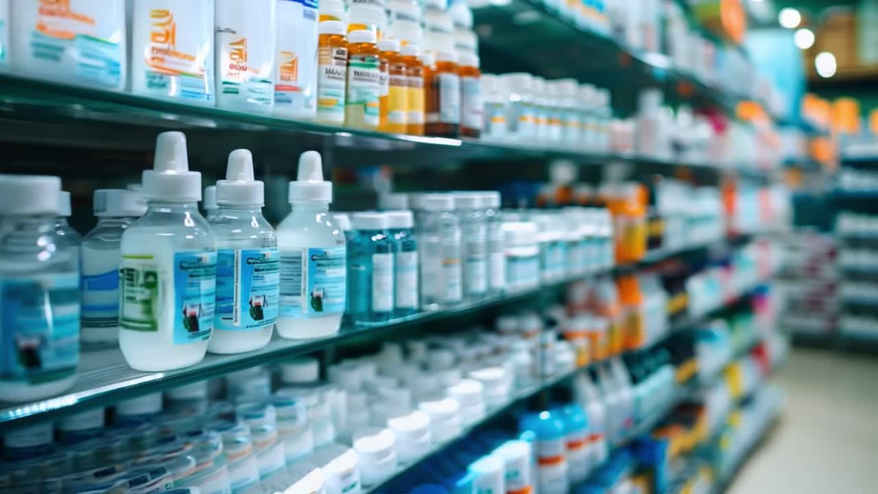 Shelves of medicine and pharmaceutical products in a pharmacy