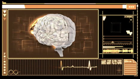 animation of digital data processing and human brain over dark background