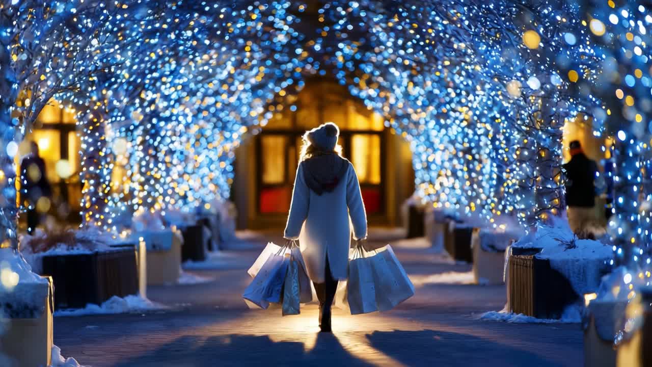 A Festive Evening Stroll: A Person in a Cozy Coat Enjoys a Winter Wonderland Surrounded by Sparkling Blue Lights and Holiday Decorations While Carrying Shopping Bags