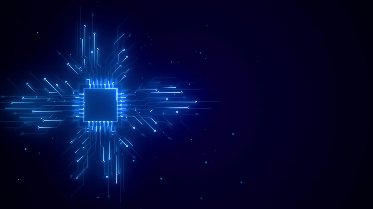 Dati digitali in movimento su circuito stampato, CPU, alta tecnologia, intelligenza artificiale (AI), data mining ed elaborazione.