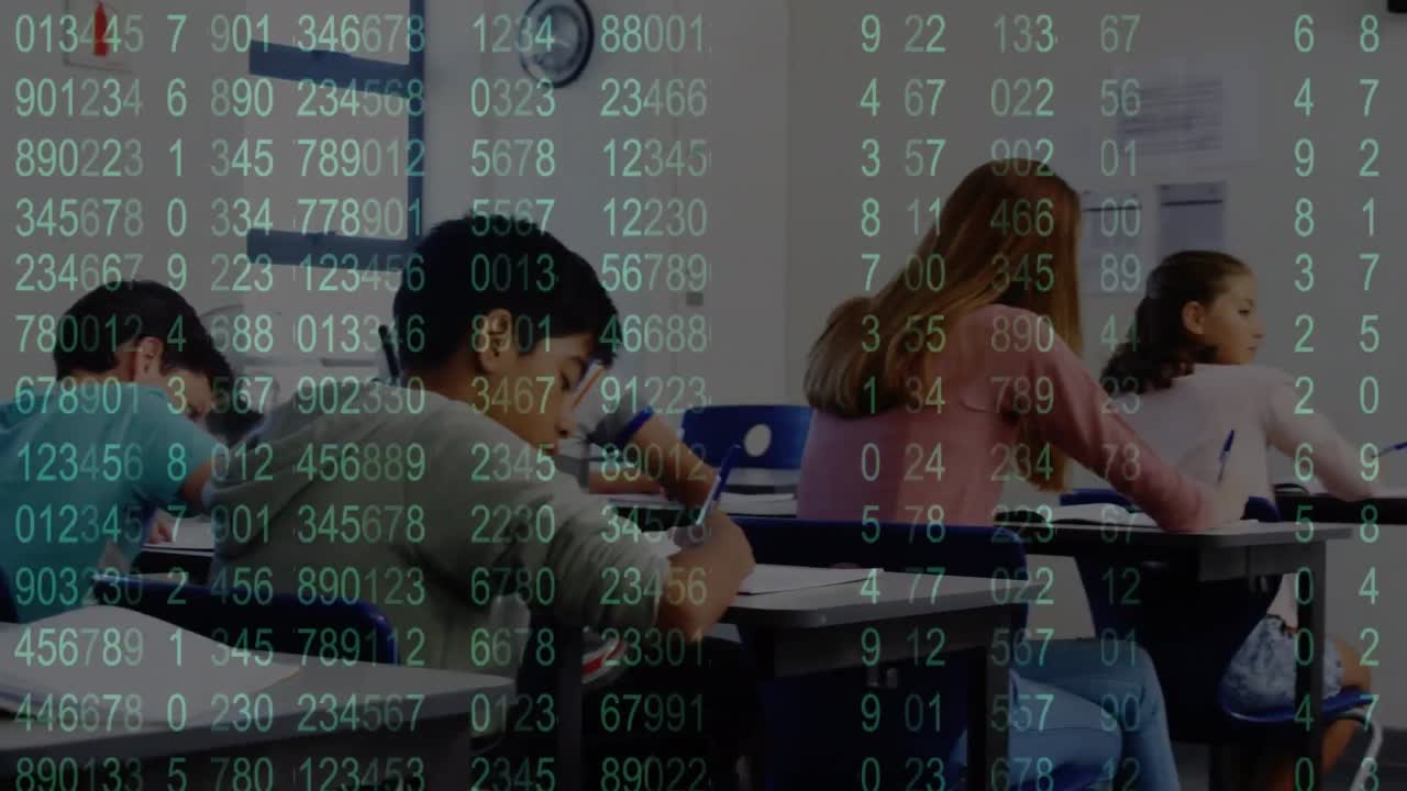 Animation of data processing over group of diverse kids studying in the class at school