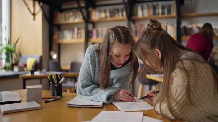Due adolescenti che studiano insieme in una caffetteria