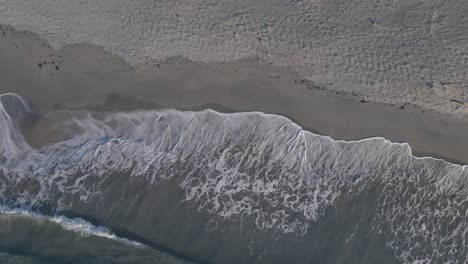 foamy ocean waves hitting sandy beach, aerial top down shot