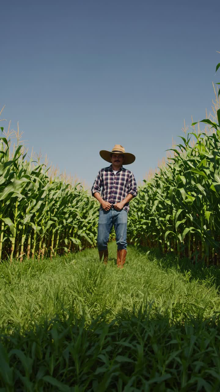 A low-angle shot of a farmer in a cornfield under a clear sky, capturing the essence of rural life