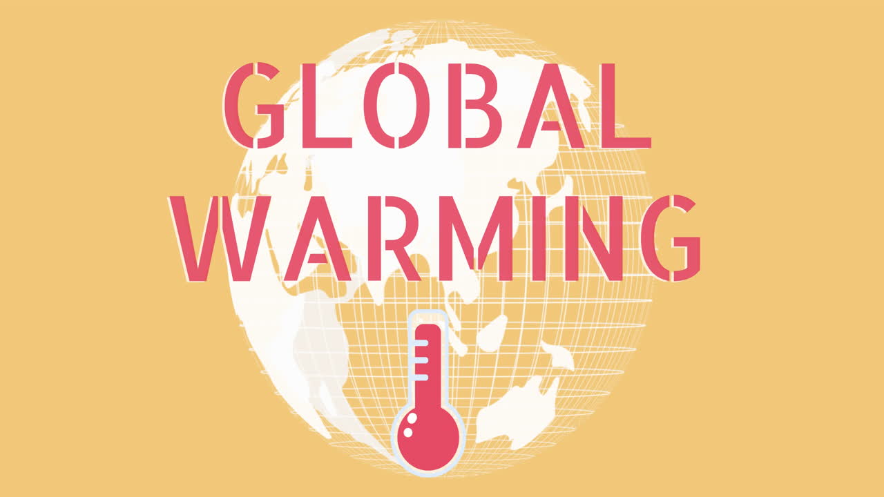 노란색 바탕에 회전하는 지구를 배경으로 지구 온난화 텍스트와 온도계 아이콘