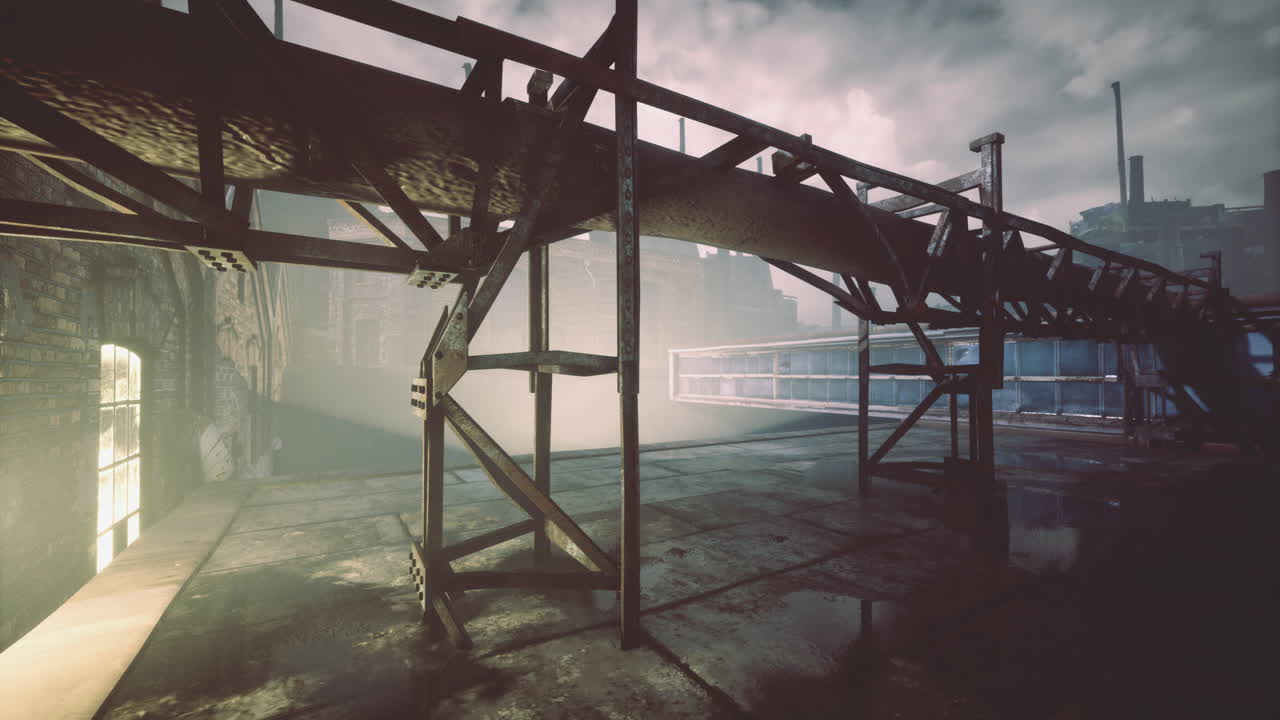 Industrial walkway in abandoned factory with mist and metal structures