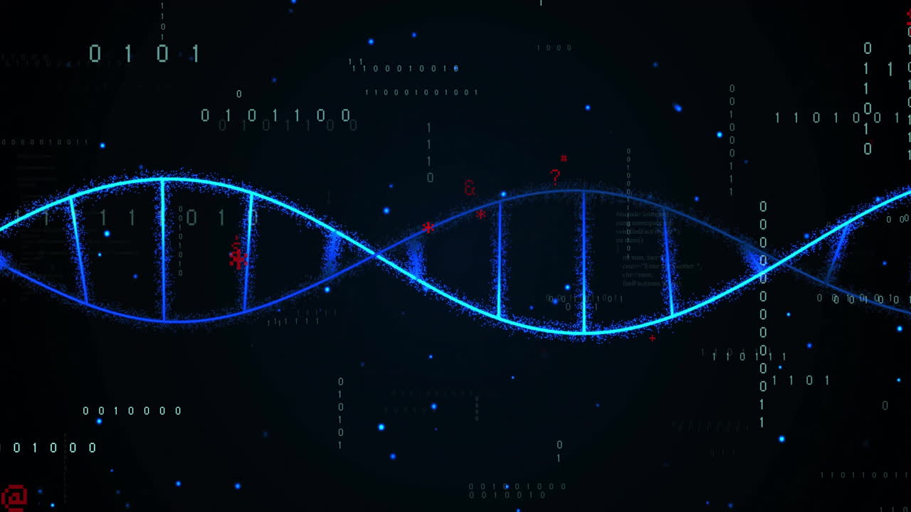 animación de procesamiento de datos digitales y cadena de adn en fondo negro