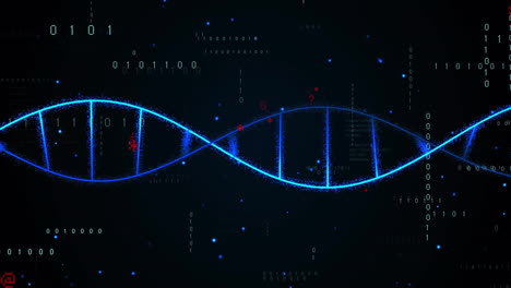 animación de procesamiento de datos digitales y cadena de adn en fondo negro