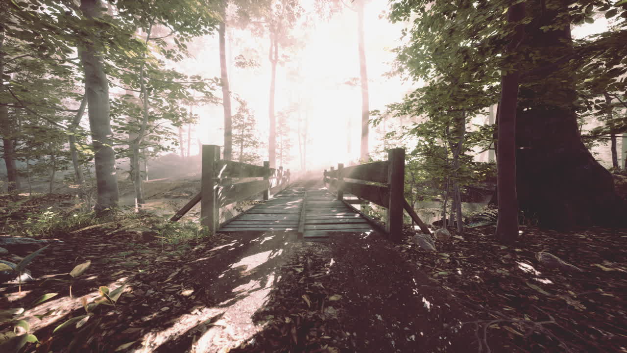 mystical old wooden bridge in the fog