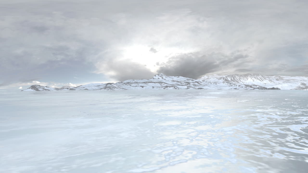 Frozen landscape with snow-covered mountains and cloudy sky