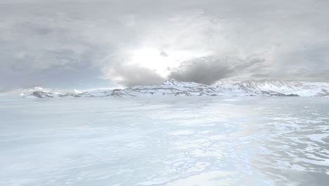 frozen landscape with snow-covered mountains and cloudy sky