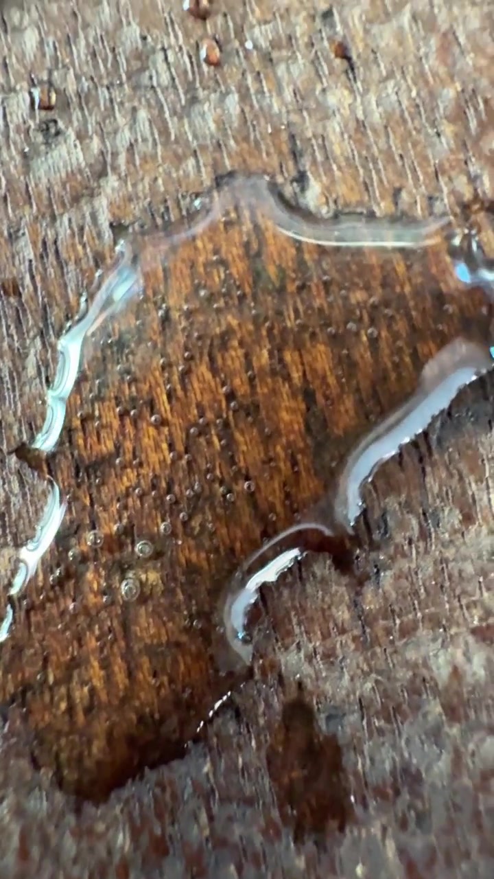 Goccioline d'acqua che evaporano lentamente su una superficie di legno texturizzata.