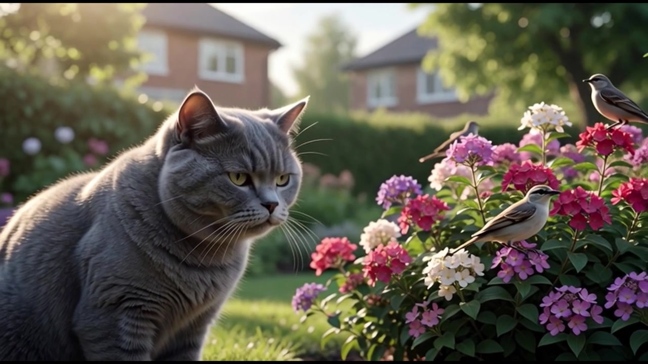 Kucing British Shorthair Abu-abu Mengamati Burung-burung Kecil di Taman yang Cerah