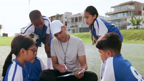 Sports,-clipboard-and-children-with-coach