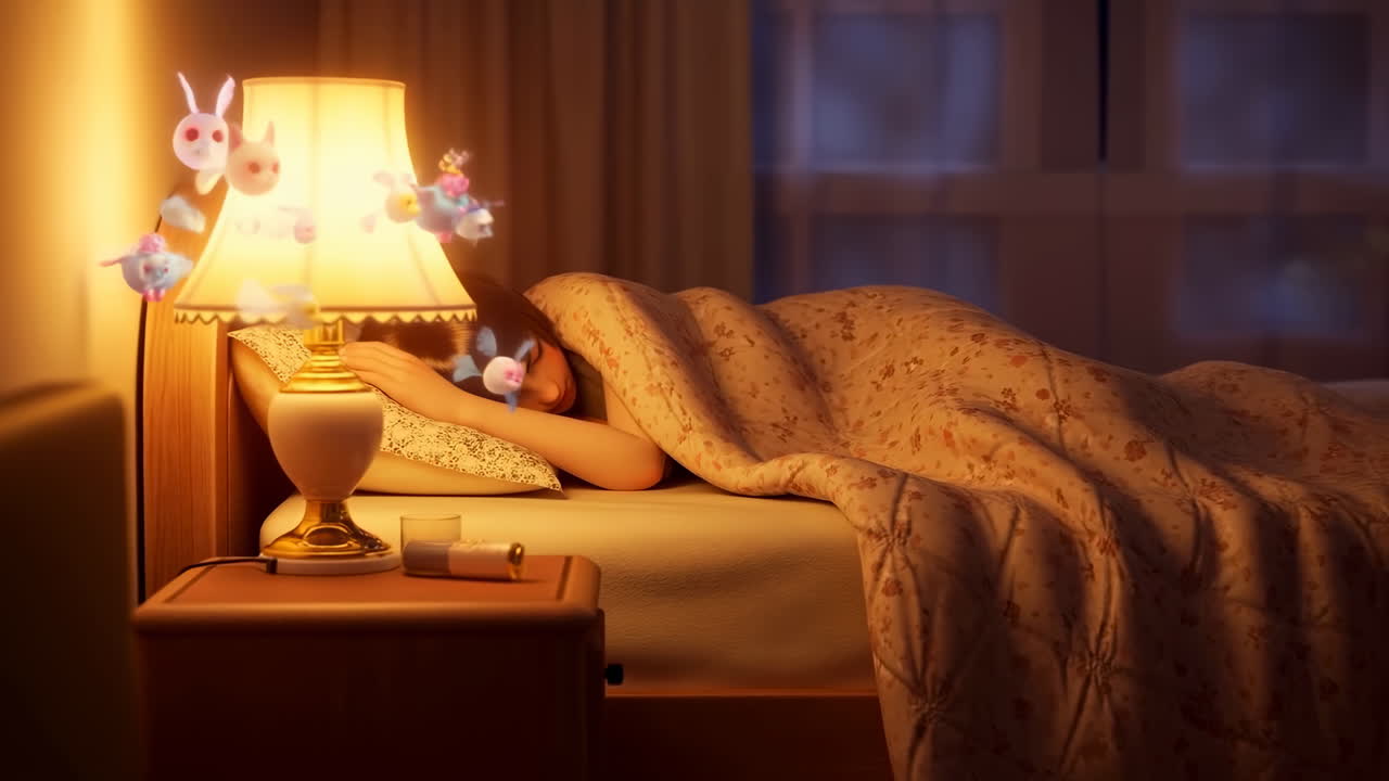 Sleeping Person Under Warm Lamp Glow, Soft Quilt Wrapped Around, Nightstand With Vintage Lamp Casting Amber