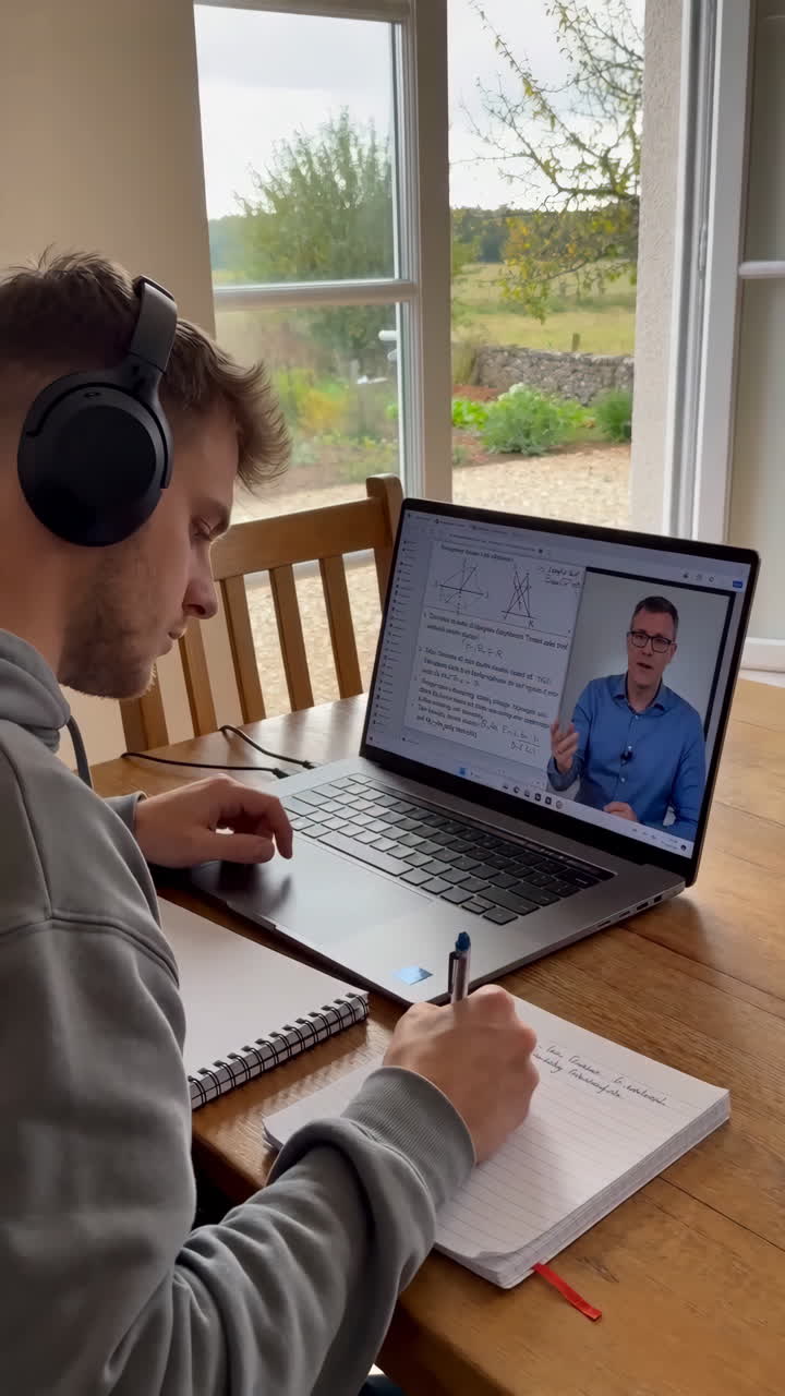White Student Watching Online Lecture Laptop, Instructor On Screen, Wearing Headphones And Hoodie, Writing