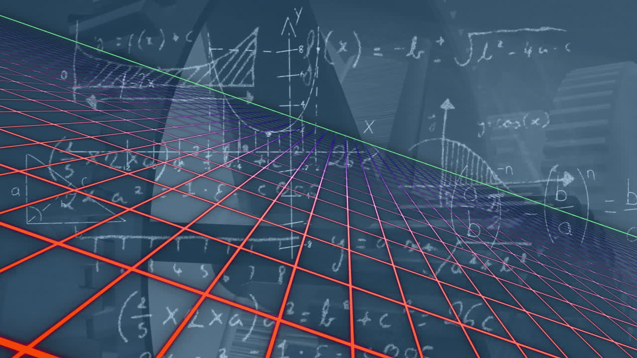 Animation of digital space, turbine and math formulas on blue background