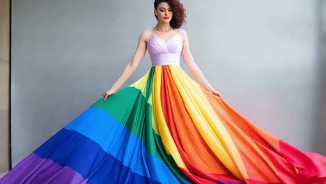 fashion model wearing long rainbow dress dancing and posing with dynamic movements on white background, radiating pride and energy through colorful lighting and elegant fabric flow
