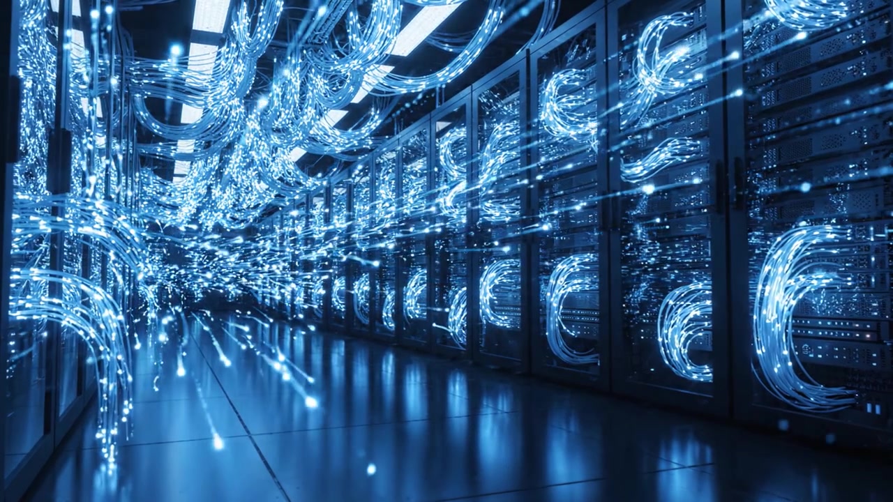 Futuristic Data Center Corridor with Illuminated Cables and Server Racks: A High-Tech Environment for Data Processing and Networking Solutions