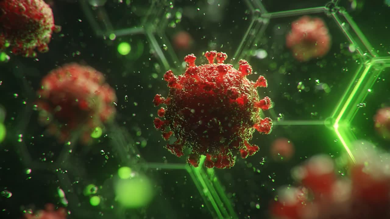 Visualizzazione dettagliata di strutture virali con enfasi su punte complesse e ambiente molecolare verde circostante in immagini ad alta risoluzione