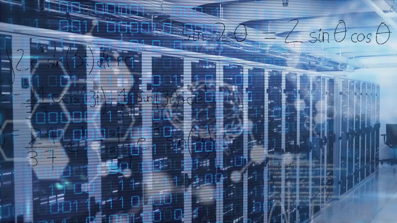 Animation of data processing with molecules, brain and mathematical equations over server room