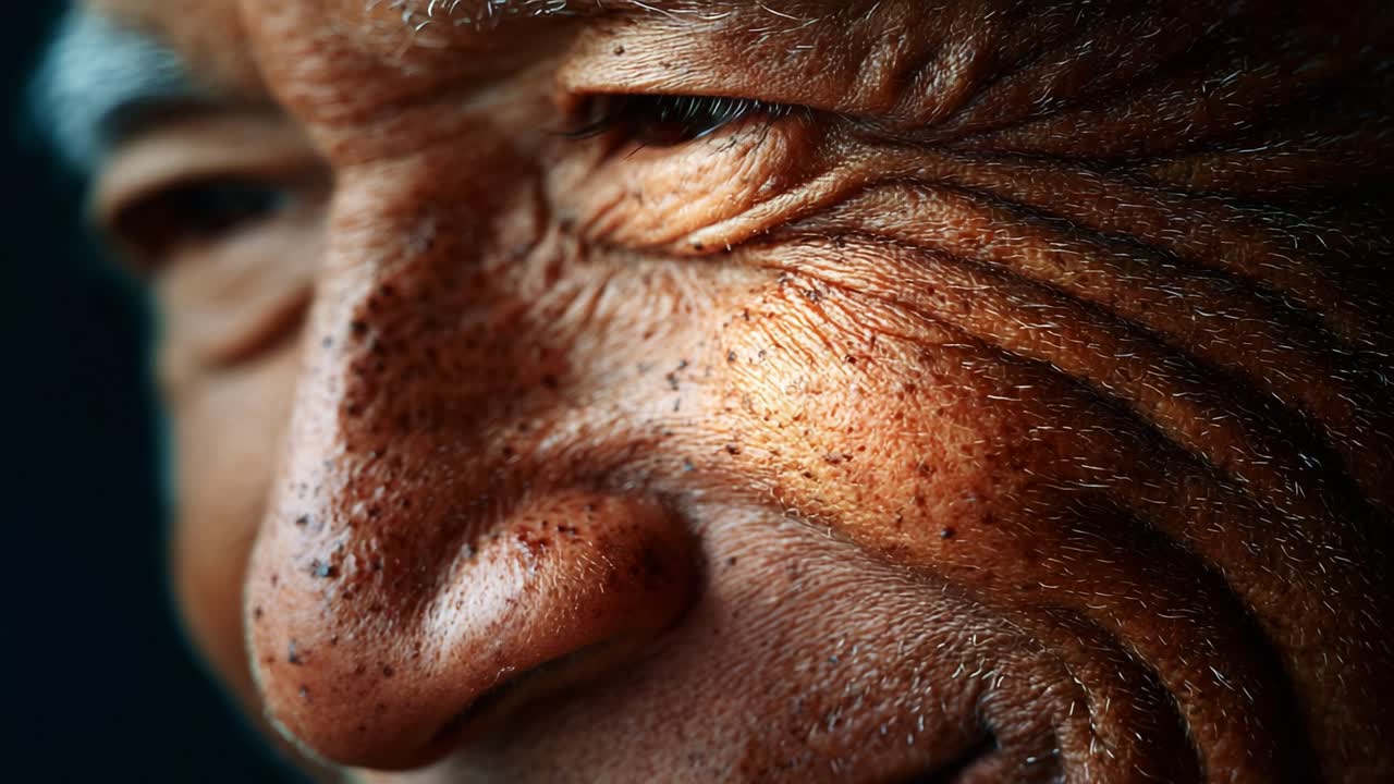 A Close-Up of a Smiling Elderly Man's Face, Highlighting His Expressive Wrinkles, Unique Skin Texture, and Joyful Expression, Capturing the Beauty of Aging and Wisdom