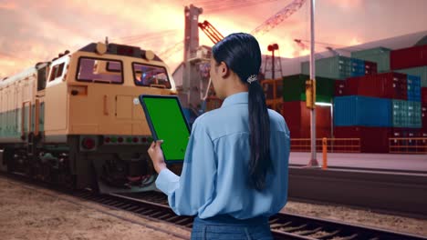back view of asian female with freight cargo train at port, checking on tablet with green screen and look at containers