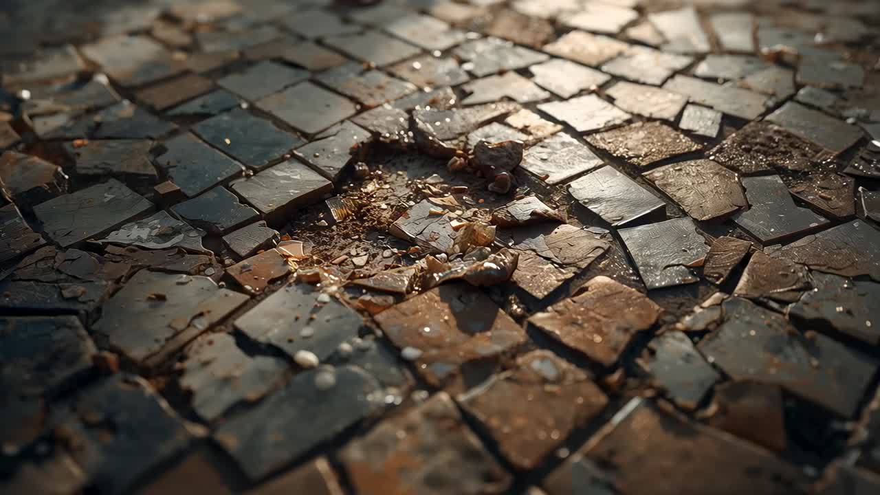 Pulling back camera revealing damaged mosaic tiles with loose fragments and wet surface at street