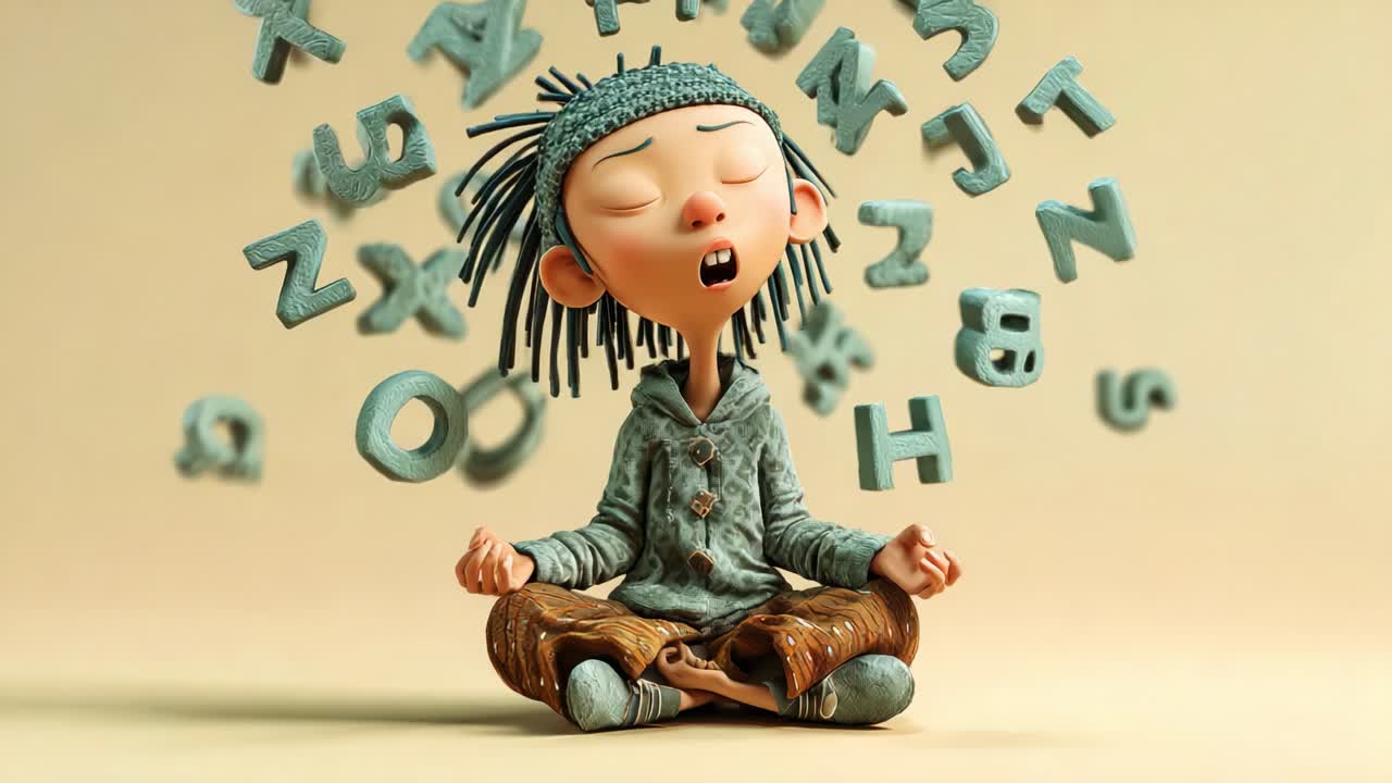 A thoughtful scene depicting a young character meditating amidst floating letters, conveying a sense of calmness and the beauty of creative expression in a whimsical, animated style