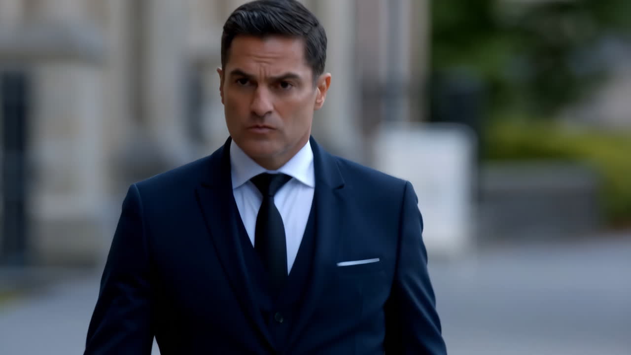 Man in a dark suit walking outdoors