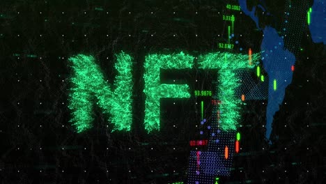 la animación de texto de nft sobre el procesamiento de datos representa el escaneo del alcance y el procesamento de datos financieros