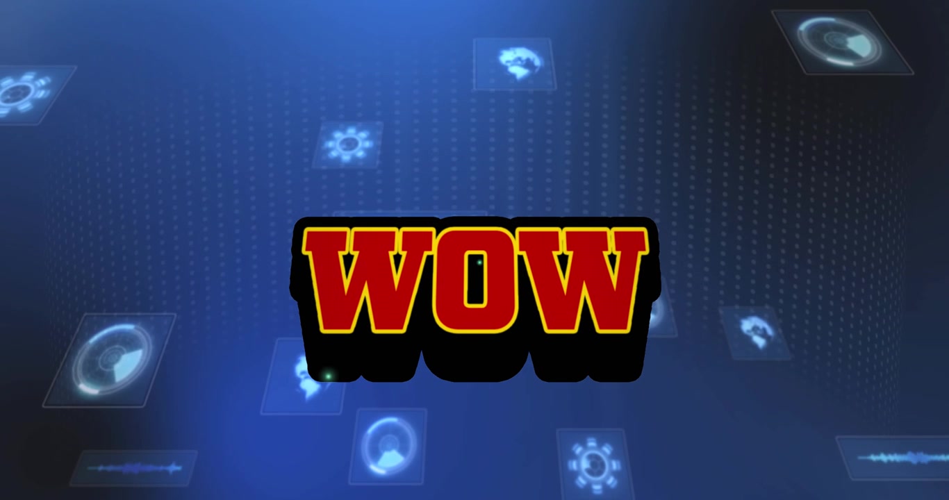 Animacja tekstu "wow" i przetwarzania danych na niebieskim tle.