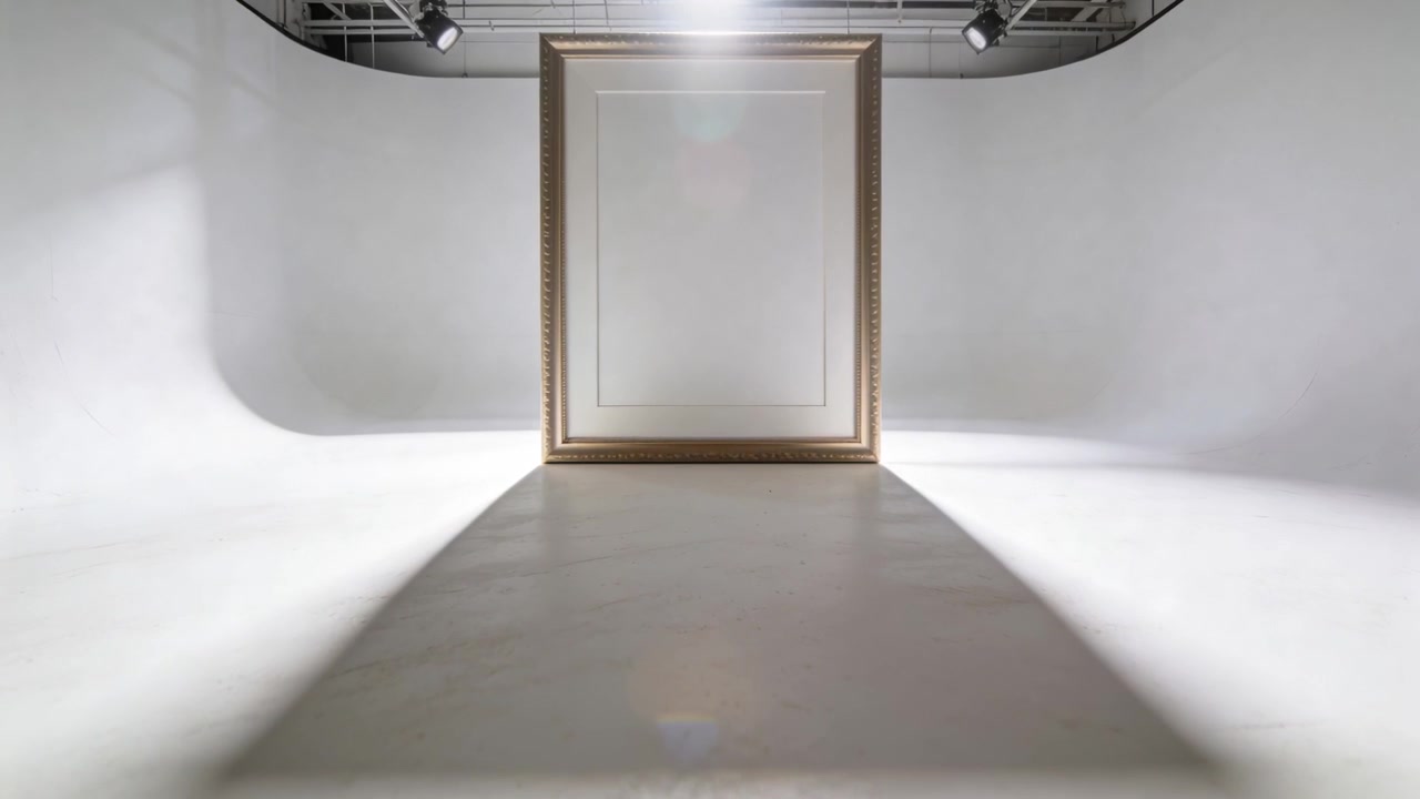 Luce dall'alto che si intensifica, causando una cornice dorata che proietta una lunga ombra su un pavimento bianco per contrasto