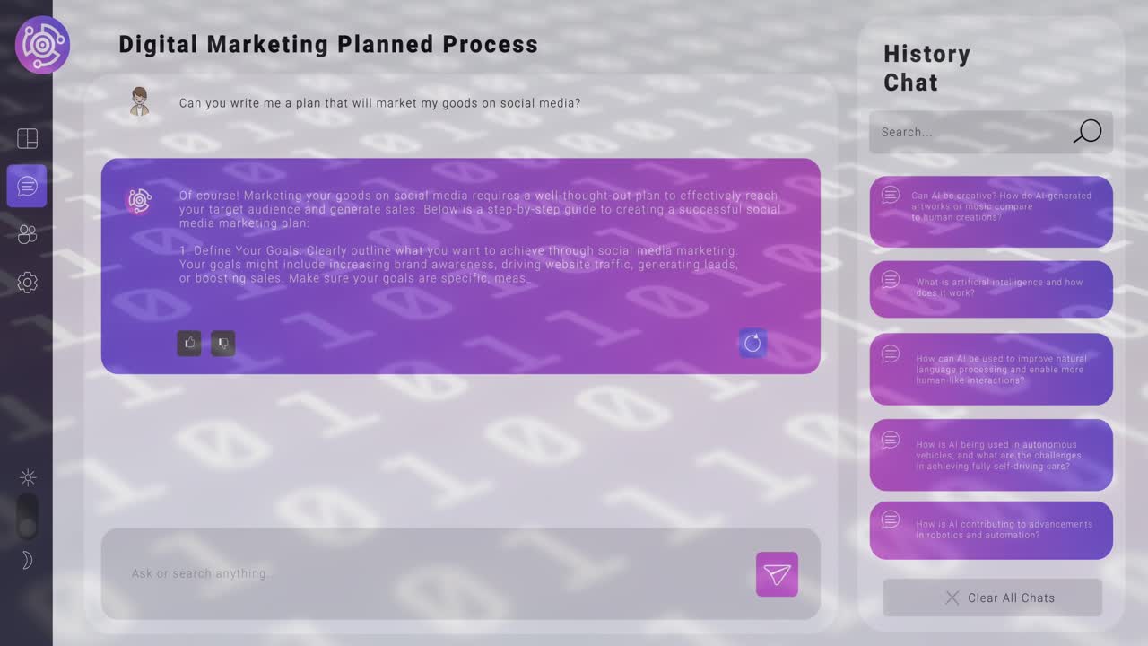 animación de codificación binaria y chat sobre fondo blanco