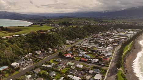 kaikoura coastal town, peninsula, new zealand. aerial backward