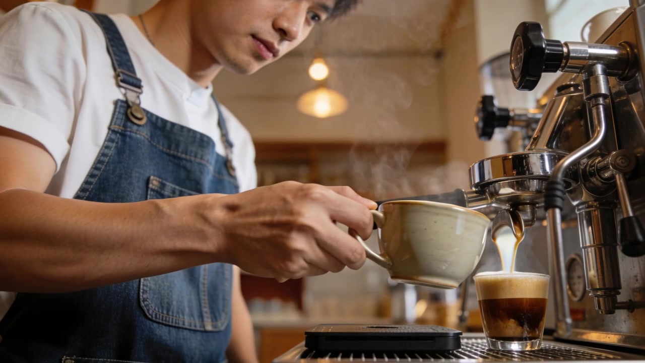 L'inquadratura inizia, un barista con grembiule di jeans controlla la macchina, sollevando una tazza e versando il latte per un latte macchiato.