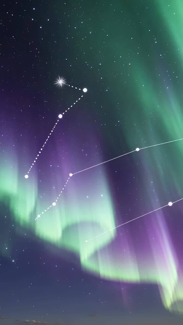 Vertical video: Glowing auroral curtains shifting in night sky, drawing dotted constellation lines
