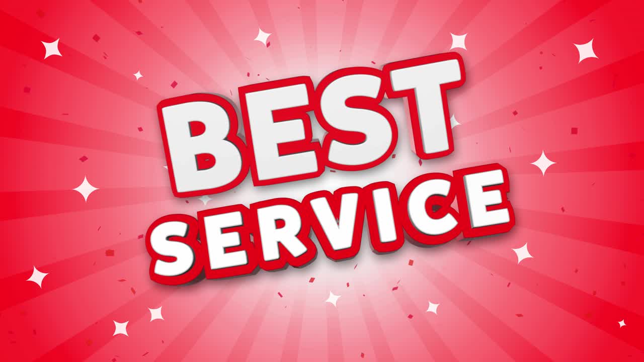 Best service 3d text on red sparkling falling confetti background ad promotion discount offer sale