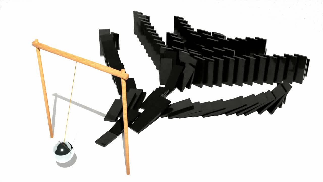 домино падает с помощью маятника