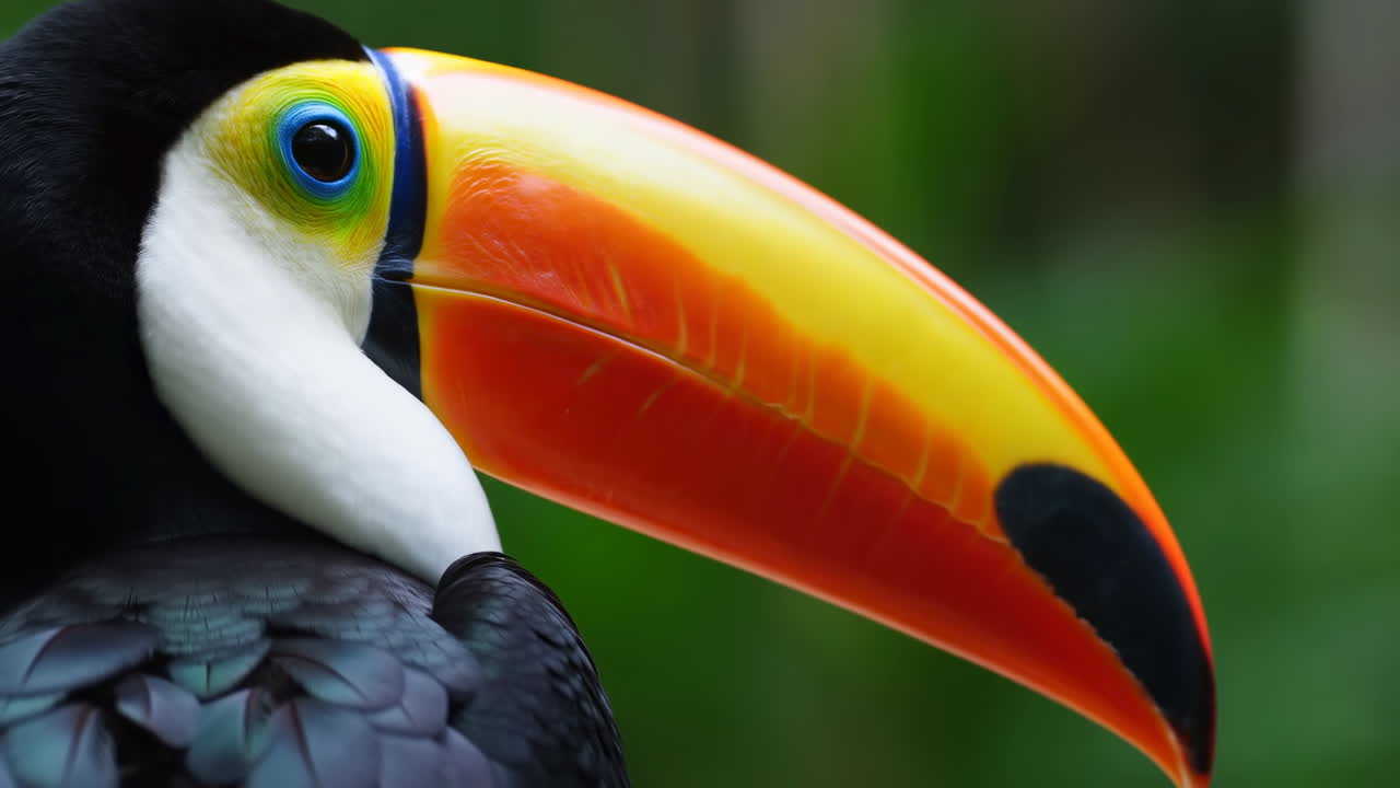Close-up de tucano com bico laranja vibrante e anel ocular azul, plumagem preta e penas intrincadas.