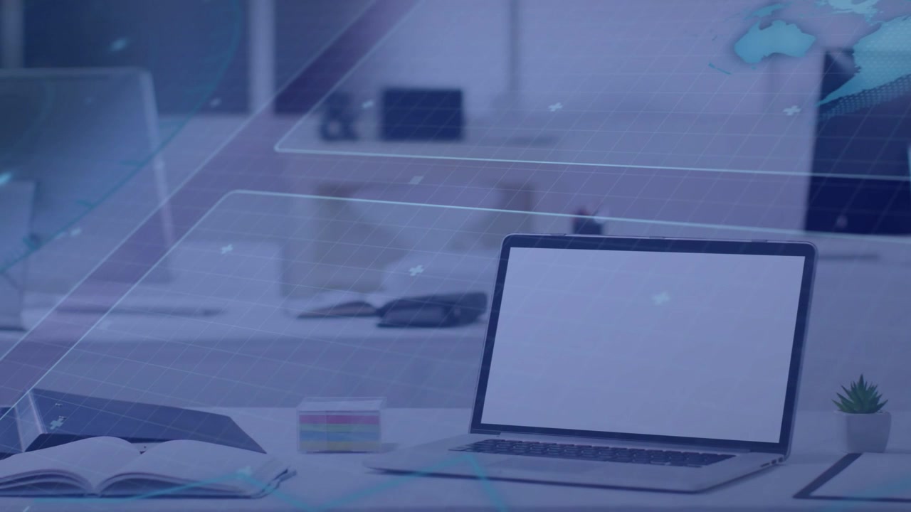 Ao iniciar o laptop, painéis de UI de holograma deslizam e se acomodam sobre a mesa, visualizando dados mundiais.