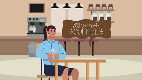 mujer de la cafetería bebiendo sentada
