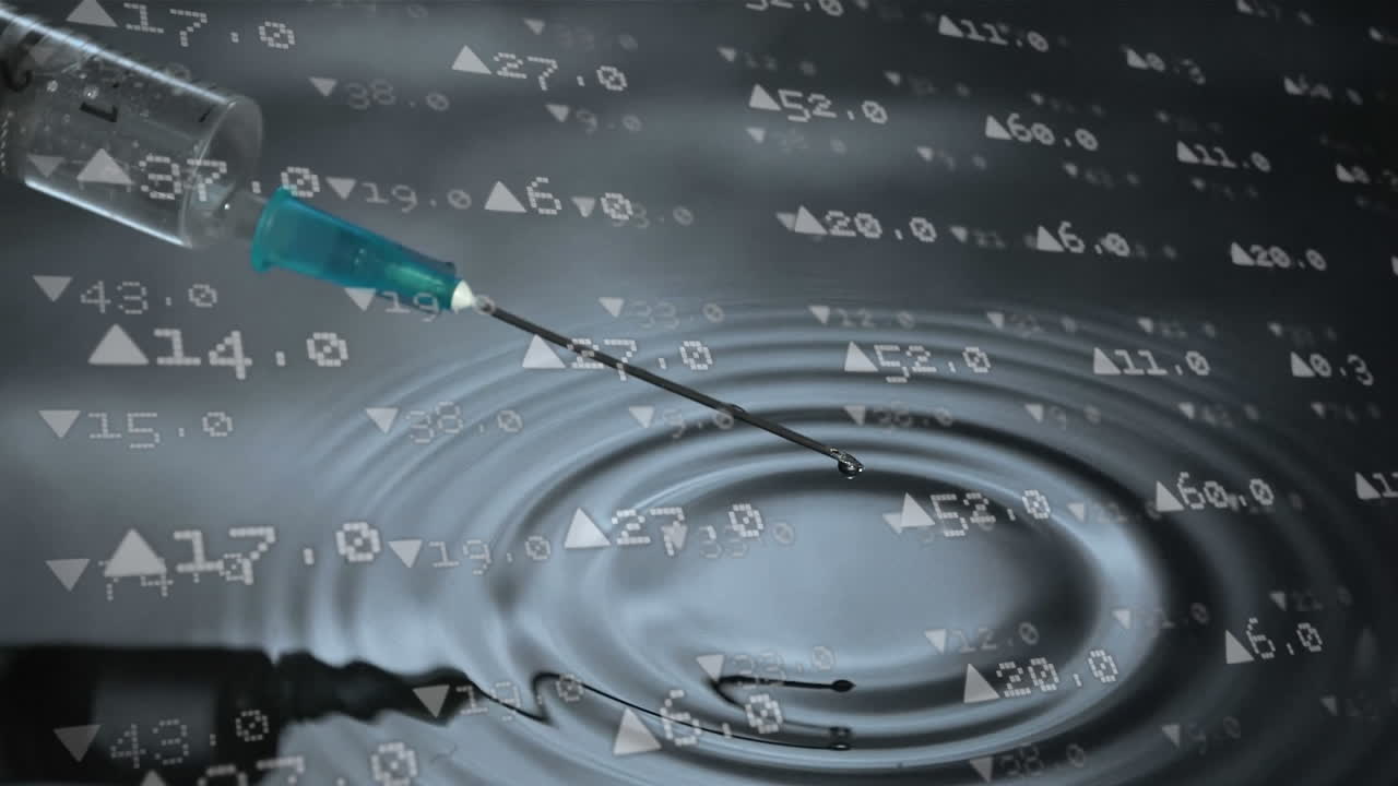animación de la jeringa con aguja sobre los datos financieros en el fondo.