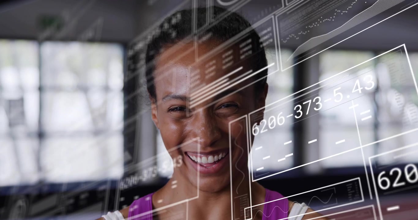 Woman smiling in sports hall, HUD overlays appearing and sliding across face, showing live metrics