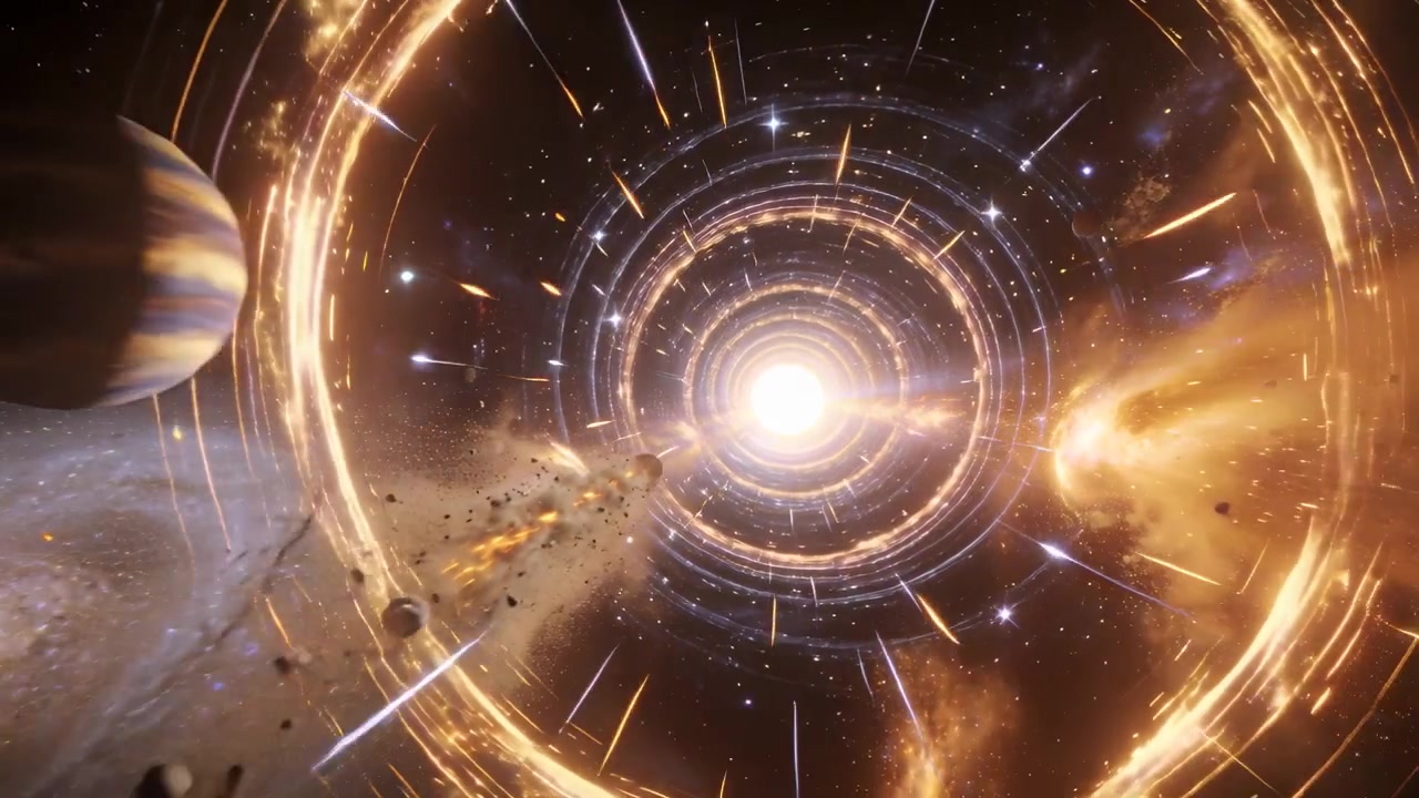 Reacting golden concentric ring pulling debris inward in space as streaks approach, powering core
