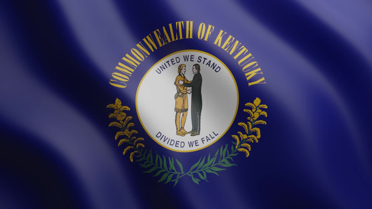 Bandiera 3D sventolante dello stato americano del Kentucky. Bandiera nazionale su sfondo ventoso. Video clip animato 4K realistico con loop continuo