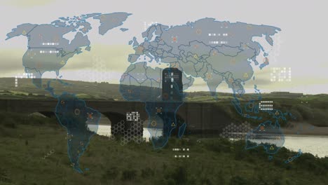 Animation-Der-Weltkarte-Und-Datenverarbeitung-über-Der-Landschaft