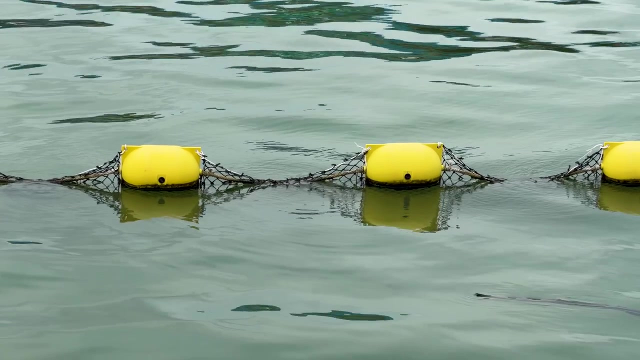 Bright yellow safety marker buoys connected by net floating gently on calm ocean water surface.
