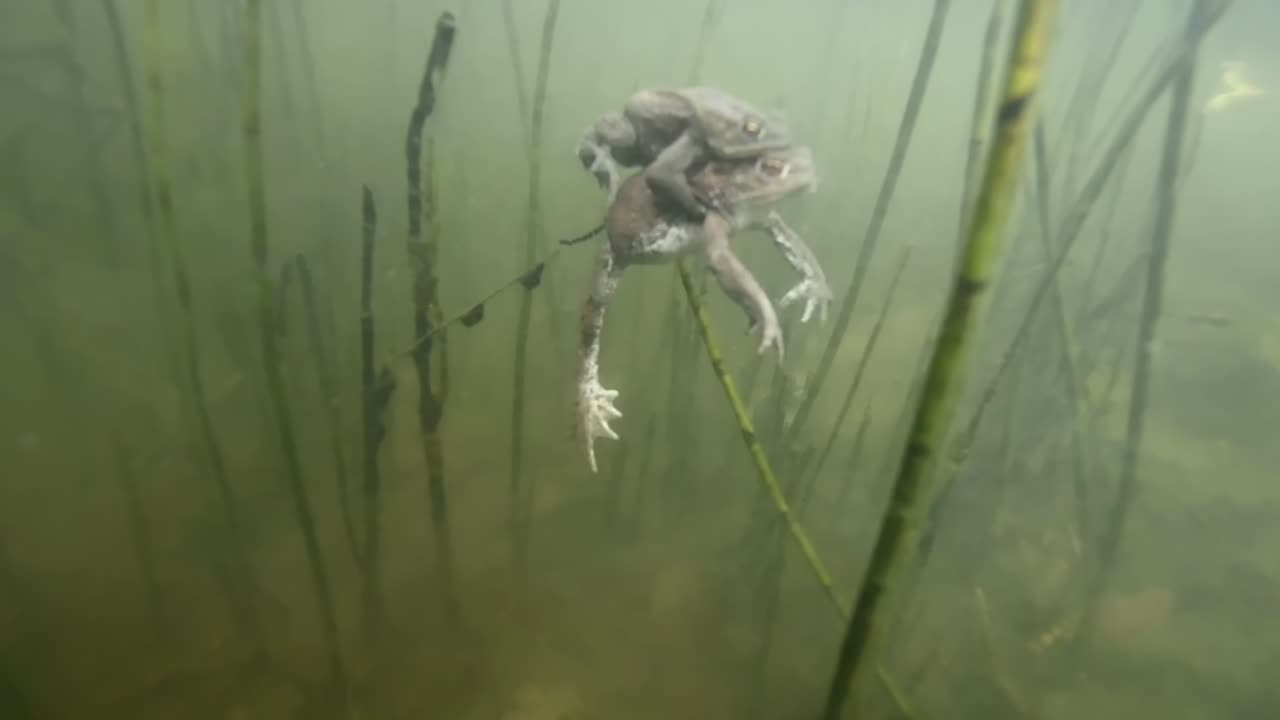 池の水中で、オスがメスに抱接し卵を受精させているヒキガエル